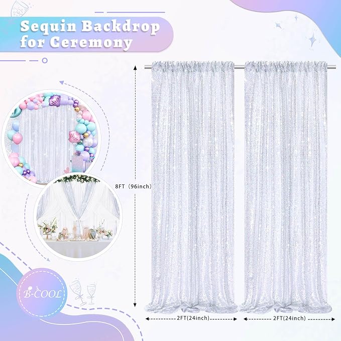 B-COOL Sequin Backdrop Curtain: 2 Panels 2ftx8ft Laser Silver Curtain Backdrop Fabric for Party Birthday Ceremony Satge Backgroumd Decorations