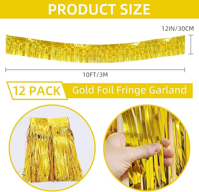 12 Pack 10 Feet Metallic Foil Fringe Garland Tinsel Streamers Banner, Gold Wall Hanging Tinsel Fringe Banners for Parade Floats, Wedding, Birthday, Christmas, New Year Party Decorations