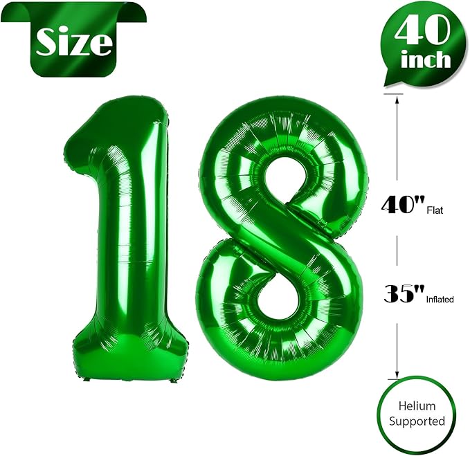18 Balloon Number, Green Number 18th Birthday Balloons 40 Inch, 18 Years Old Green Birthday Decorations for Boys Girls, 18th Anniversary Decorations