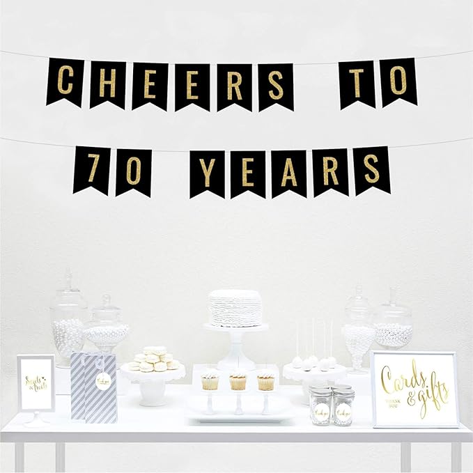 Andaz Press Faux Gold Glitter on Black Birthday Party Banner Decorations, Cheers to 70 Years, Approx 5-Feet, 1-Set, 70th Birthday Milestone Colored Hanging Pennant Decor