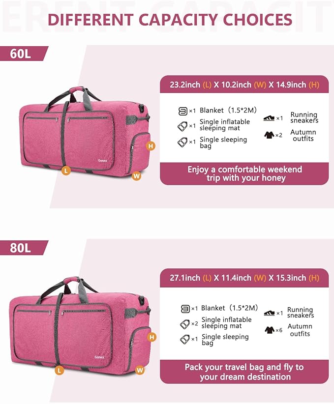 Gonex 40L 60L 80L 100L 150L Large Foldable Travel Duffle Bag with Shoes Compartment, Packable Lightweight Water Repellent Duffel Bag for Camping Gym Weekender Bag