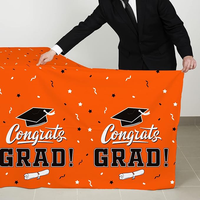 Gatherfun Graduation Party Decorations, Gongrats Grad Tablecover for Graduation Party Supplies, 3 pcs Orange Table Cloths, 54"x108"