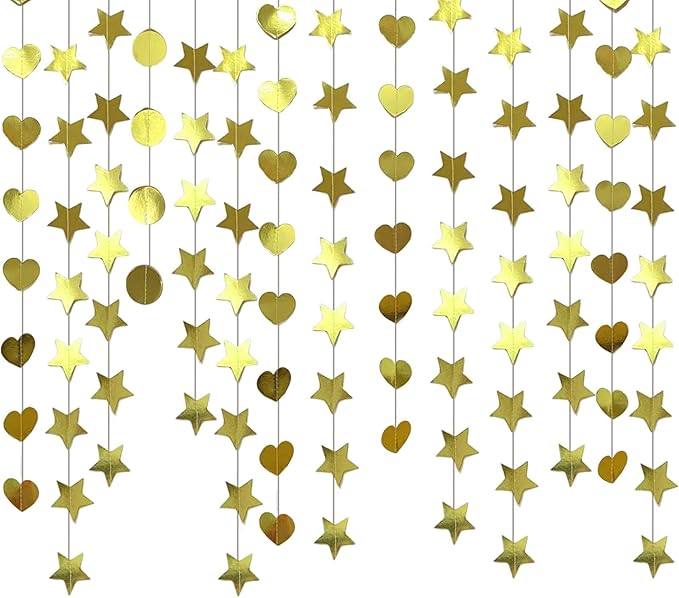 Gold Dot Heart Star Streamers 19.8 Feet Paper Garlands Glitter Disco Garland Hanging Banner for Birthday Homecoming Classroom Mothers Day Wedding Engagement Birthday Party Supplies