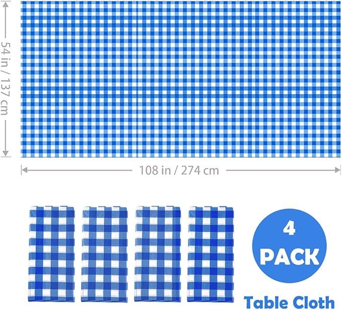 Yancorp 4 Pack Plastic Blue and White Checkered Tablecloths 54 x 108 Inch Picnic Table Covers Disposable Table Covers for Rectangle