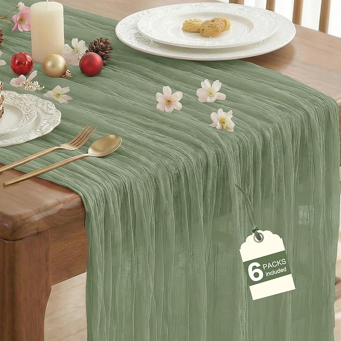 IVAPUPU 6 Pcs Cheesecloth Table Runner - 10ft Sage Green Easter Spring Boho Gauze Cheese Cloth Table Runners for Baby Shower Decoration Wedding Party Garden Farmhouse