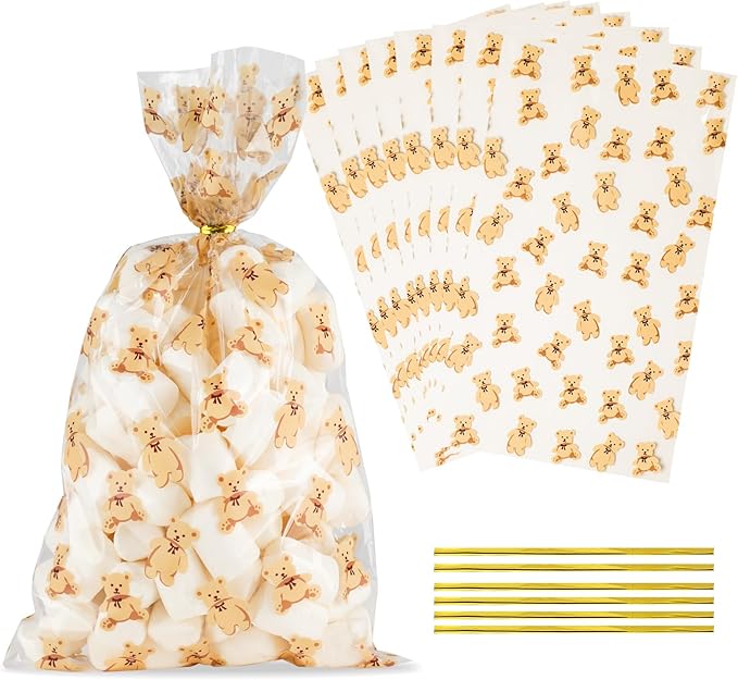 Docvania Clear Bear Cellophane Treat Bags Plastic Gift Bag 100 pcs 7 X 12 Clear Bear Cookie Bags with Ties Goodie Candy Bag Suitable for Mother's Day, Valentine's Day, and Holiday Parties