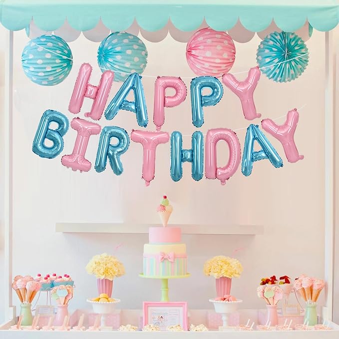 TONIFUL Happy Birthday Balloons Banner 16 Inch Mylar Foil Letters Birthday Sign Reusable for Girls Boys Kids & Adults Birthday Party Decorations Supplies（Light Pink Blue）