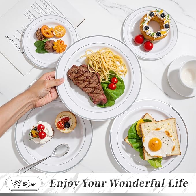 350Piece Silver Plastic Dinnerware Set for 50 Guests - Silver Plastic Plates with Cutlery Include:50Dinner Plates-50Dessert Plates-50Pre Rolled Napkins with Silverware Party Wedding