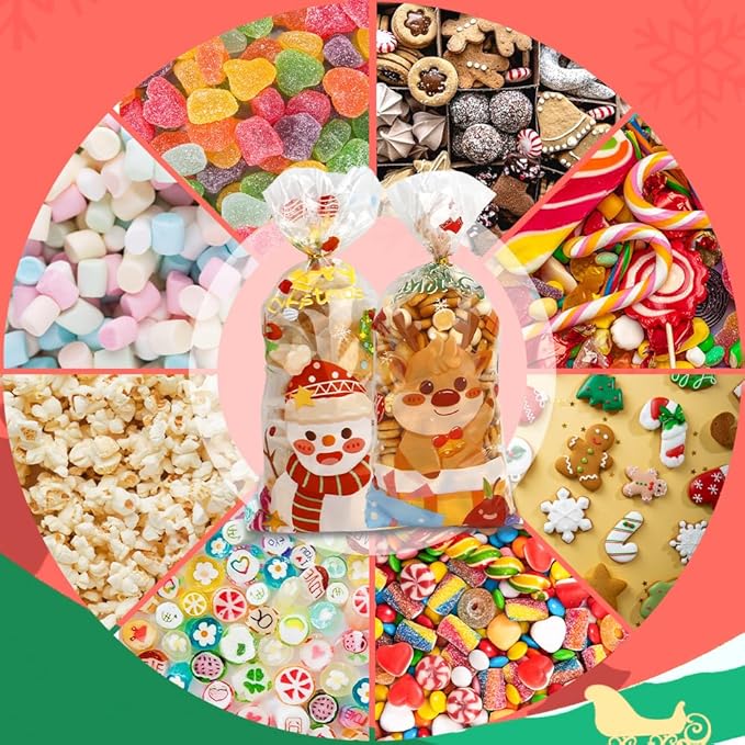 100 PCS Christmas Cellophane Treat Bags(5x11 Inch) with Tie, Plastic Christmas Bags for Candy Goodie Goody Cookie Gift Wrap Xmas Santa Pouches Frozen Winter Holiday Party Favors Supplies Decorations