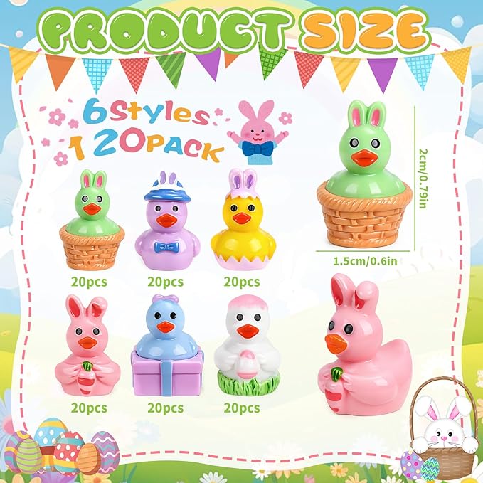 120 Pcs Easter Mini Ducks 6 Styles Miniature Resin Duck Figures to Hide Bulk Bunny Ear Egg Carrot Basket Eggshell Ducks for Easter Party Favors Home Tabletop Fairy Garden Landscape Potted Decor