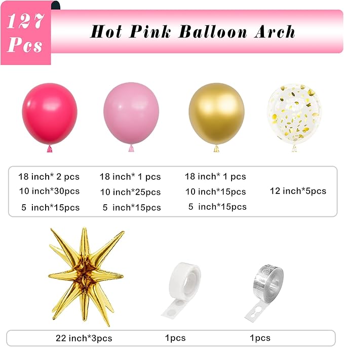Hot Pink Balloon Garland Arch Kit,127Pcs Hot Pink Macaron Pink Gold Balloon for Graduation Baby Shower Birthday Wedding Gender Reveal Party Decorations