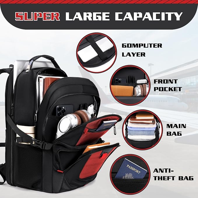 Large Travel Backpack, 50L Laptop Backpack for Men 17.3 Inch, TSA Approved, Heavy Duty with Charging, Anti Theft for College Business Work, Red
