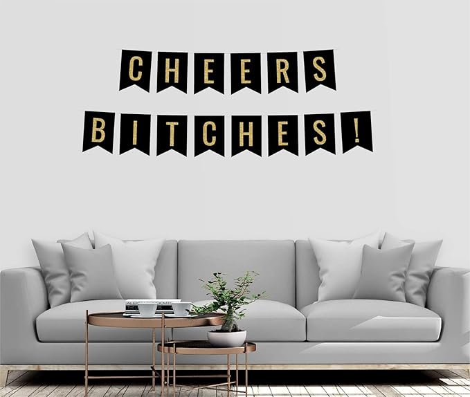 Andaz Press Faux Gold Glitter on Black Bridal Shower Bachelorette Party Banner Decorations, Cheers Bitches!, Approx 5-Feet, 1-Set, Colored Hanging Pennant Decor