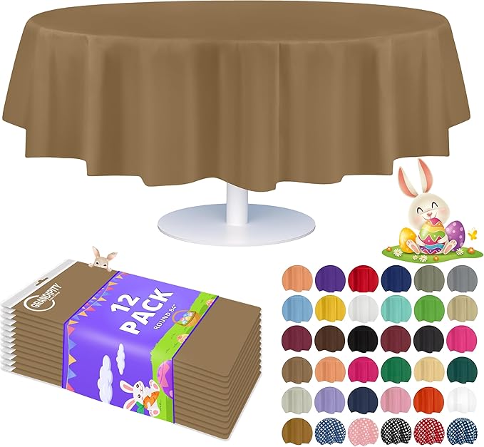 Grandipity 12 Pack Premium Disposable Plastic Tablecloth 84" Inch Decorative Round Table Cover - Gold