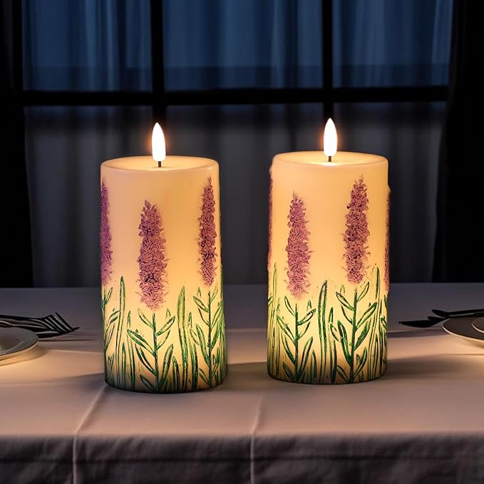 Lavender LED Candles with 6H Timer, flameless Candles with Flickering Flame, Waxy Pillar 2 Pack Flickering Unscented Home Holiday Decoration (3 inches x 6.5 inches)