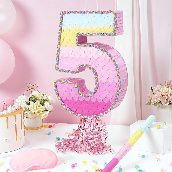 WERNNSAI Pink Sweet Five Piñata - Number 5 Piñata Happy Birthday Decoration Pink Rainbow Design Party Games for Girl Princess Baby Shower Party Favor with Blindfold Anniversary Celebration Supplies