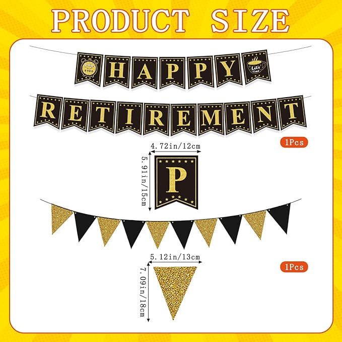 Retirement Party Decorations Black and Gold Happy Retirement Banner Gold Glitter Pennant Flag Banner Star Hanging Swirls and Sash Retired Party Supplies Office Farewell Party Decorations for Men Women