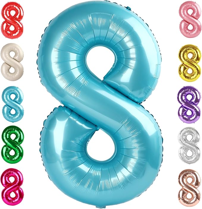 40 Inch Number 8 Balloon, Pearl Blue 8 18 28 80 Birthday Balloons for Men Boys, 8th Birthday Decorations Party Supplies, Wedding, Graduations