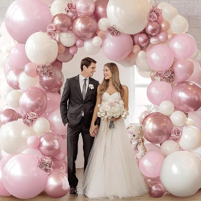 Pink and White Balloons Arch Kit,Double Stuffed Pearl Light Pink Metallic Pink Balloon Sand White Beige Ivory Balloons Garland Kit for Birthday Wedding Valentine's Day Bridal Shower Party Decoration