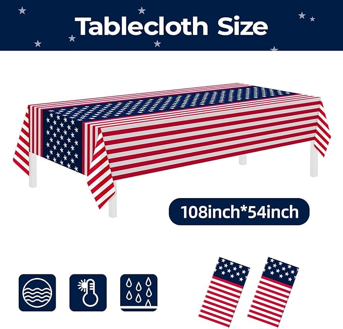 Childom 2 Pack Patriotic Tablecloths,Patriotic Decorations 54" x 108" Disposable American Flag Tablecloths for Event,Party Table Cloth Plastic for Veterans Day,4th of July,Picnic,Dinner,Party Supplies