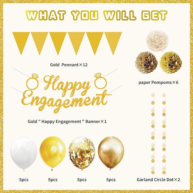Engagement Party Decorations Set - Complete Kit with Gold “Engaged” Banner, Garland, 20 Balloons & 6 Pom Poms for Proposal & Engagement Celebration DecorComplete (Gold)