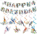 Zwiebeco Multicolored Flowers Birds Happy Birthday Banner Bunting Hanging Paper Swirls Garland Party Decorations for Boys Girls Kids Baby Shower Spring Summer Themed Bday Decor Accessories Supplies