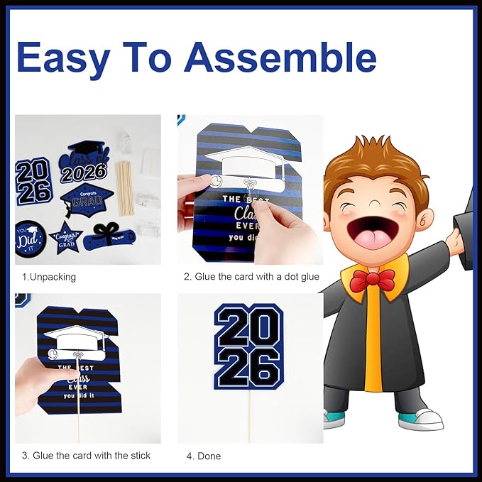 OuMuaMua Graduation Decorations Class of 2026-30pcs Blue and Black Graduation Table Centerpieces Sticks Table Toppers with Lights for College High School Congrats Grad Party Supplies
