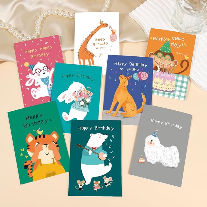 Birthday Cards Bulk for Kids, Cute Animal Birthday Cards, Assorted Happy Birthday Note Cards for Boys Girls, Children Birthday Cards with Envelopes & Stickers - 12 Unique Designs (6 x 4 In, 24 Pack)