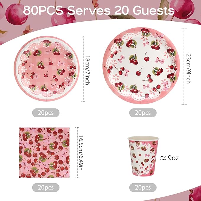80pcs Cherry Party Plates Disposable Tableware Set Red Paper Plates for 20 Guests Kids Party Picnic Wedding Tea Party Table Supplies (Include Plates, Cups and Napkins)