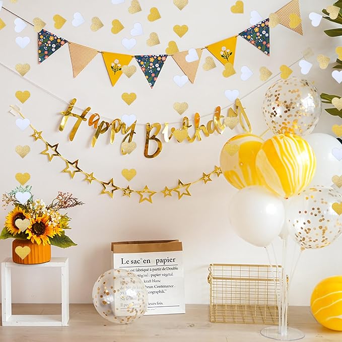 White-Gold Champagne Party-Decorations, 52Ft Glitter Hearts Garlands, Hanging Paper Streamer Banner for Bachelorette Wedding Birthday Graduation Neutral Baby Bridal Shower Valentines Day Decor