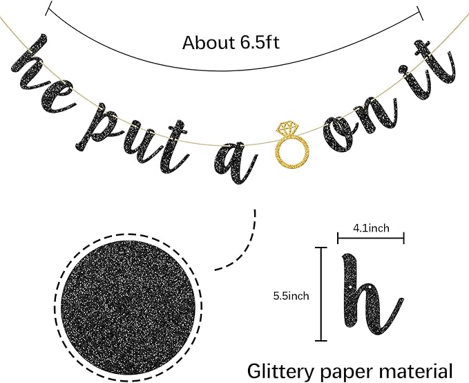He Put A Ring On It Banner, Black Glitter Engagement Party Decoration Sign for Wedding, Bachelorette, Bridal Showers Party Supplies