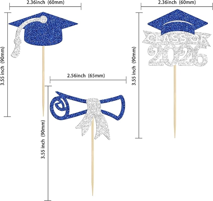 Gyufise 24Pcs Class of 2026 Graduation Cupcake Toppers Glitter Diploma 2026 Grad Cap Cupcake Picks for 2026 Theme Party Cake Decorations Supplies Silver Blue