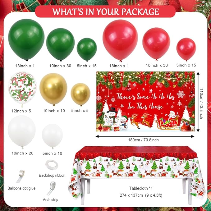 129Pcs There's Some Ho Ho Hos In This House Party Decorations Merry Christmas Balloon Arch Kit Includes Funny Xmas Banner, Xmas Themed Balloons and Tablecloths for Merry Friendsmas Party
