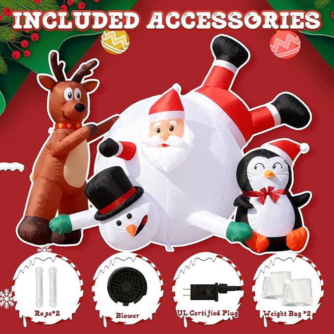 JOYHALO 6FT Christmas Inflatable Outdoor Decorations, Snowball Rolling Scene with Santa Claus, Penguin, Reindeer & Snowman, Build-in LED Lights, Blow Up for Indoor Yard Lawn Party Decor