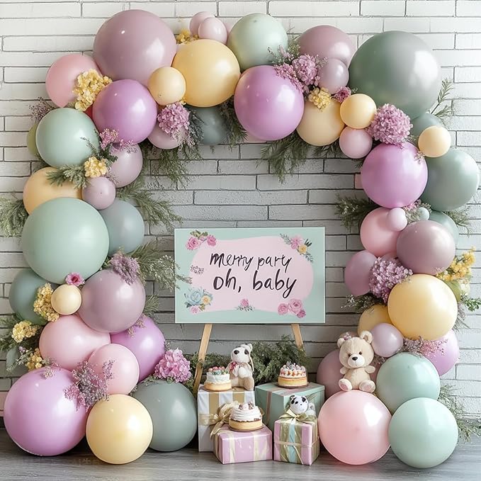 Dusty Green Pink Purple Yellow Balloon arch kit,Double Stuffed Haze Purple Mauve Pink Ivory Sage Green Lilac Light Yellow Balloons Garland for Brithday Wedding Wild Flower Princess Party Decorations