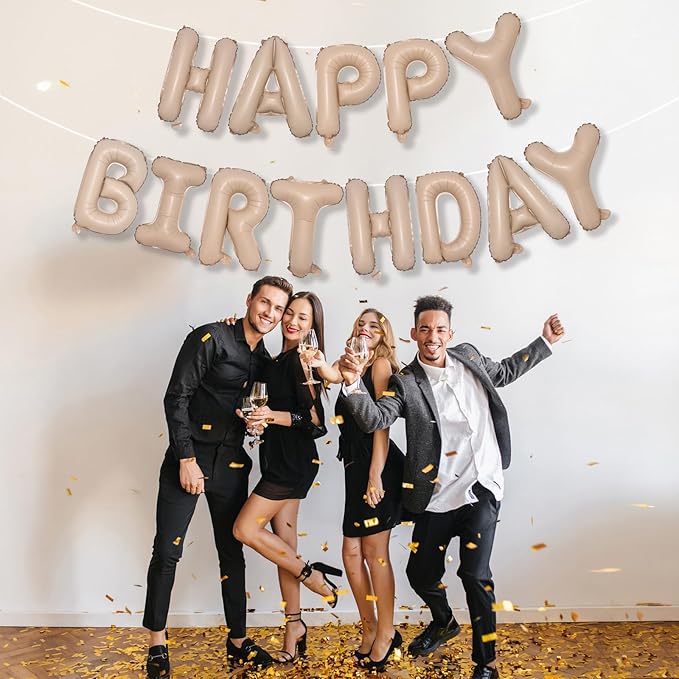 Happy Birthday Balloon Banner Beige, 16 Inch Neutral Tan Self Inflating Happy Birthday Foil Balloon, Nude Born Day Bunting Banner Letter Balloons for Men Women Bday Party Decorations Supplies
