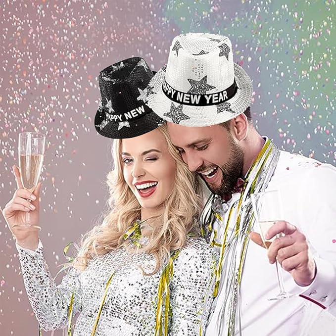 9 Pack New Year Hat Fedora Hats New Years Hats New Year Eve Sequin Hat Gold Black Silver Happy New Year Hat for Adults Men and Women Christmas New Year Party Decorations