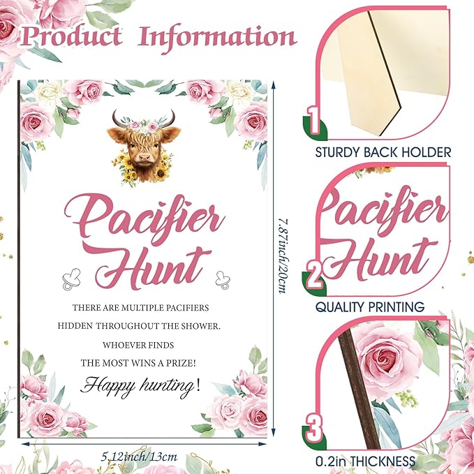 Thyle 51 Pcs Highland Cow Pacifier Hunt Baby Shower Games for Girls Include Hunt Sign and 50 Acrylic Pacifiers Boho Pink Floral Baby Shower Game Decoration Gift Sets for Gender Reveal Party Decor