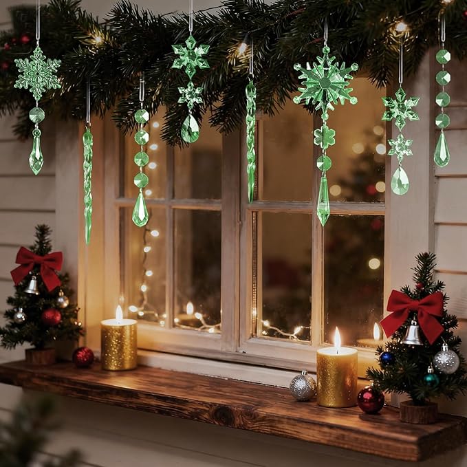 18pcs Crystal Christmas Ornaments for Christmas Tree Decorations-Green Hanging Acrylic Snowflake and Icicle Ornaments with Drop Pendants for New Year Party Decorations Supplies