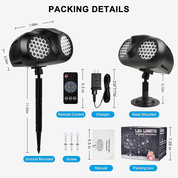 Christmas Projector Lights Outdoor, Dual Head Dynamic Snowflake Projector with RF Remote & Timer, IP65 Waterproof 360° Rotating LED Snow Projection for Garden, Patio, Wall, Indoor/Outdoor Decoration