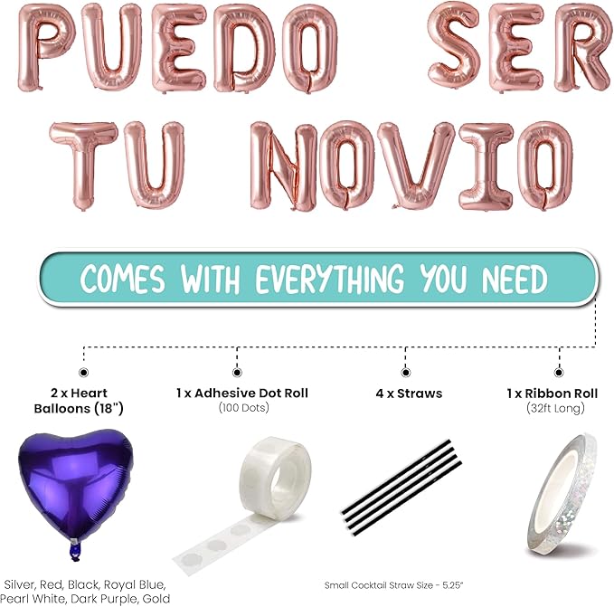 PUEDO SER TU NOVIO Balloons Banner with Two 18" Heart Balloons - Romantic Proposal Decorations for Prom/Date Night and Valentine’s Day - 16" Foil Letters with 4 Straws, Ribbon & Adhesive Dots