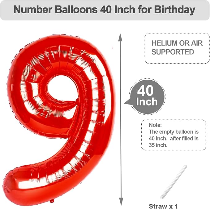 Red 9 Balloon, Big 40 Inch Happy 9 19 29 90 Birthday for Men And Women, Foil Balloons Decoratins for Boy and Girl Birthday, Wedding Anniversary, Single, New Year, Party Syupplies