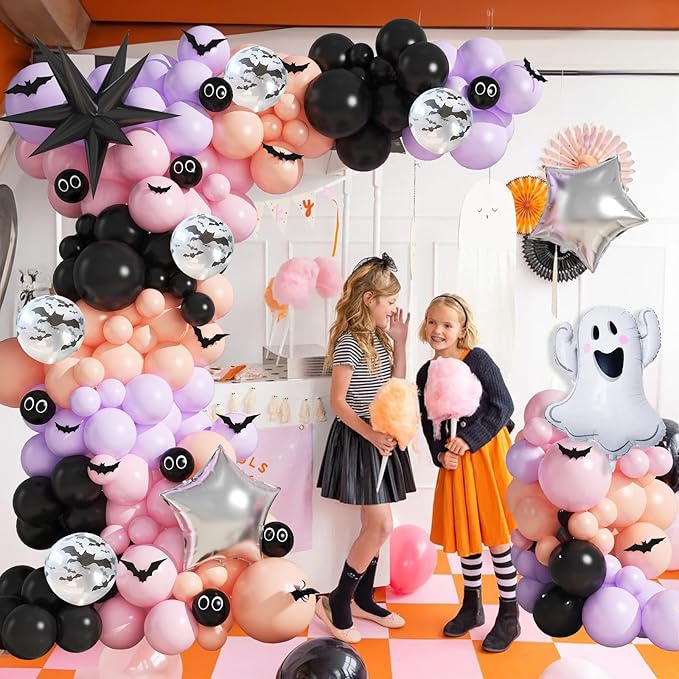 Halloween Balloon Garland Arch Kit, Black Purple Pink Halloween Baby Shower Latex Balloons with 3D Bat Ghost Witch Mylar Foil Balloons Set for Happy Halloween Birthday Decoration Indoor Outdoor