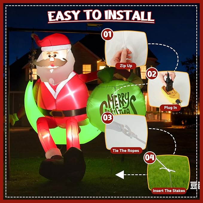 JOYHALO 8FT Christmas Inflatable Sitting Santa Claus Outdoor, Santa Blow Up Yard Decorations with Gift Bag, with Bright LED Lights, Climbing Santa for Roof Indoor Lawn Party Decor