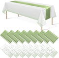 16Pack Plastic Tablecloths and Satin Table Runner Set Disposable White and Sage Green Dot Table Cloth Green Satin Table Runner for Wedding Birthday Baby Shower Anniversary Holiday Party Decorations