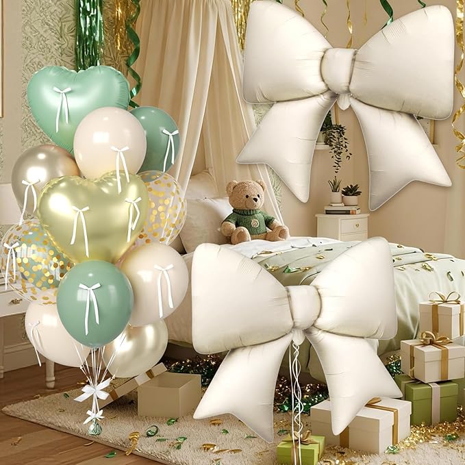 Sage Green and Gold Heart Balloons, 38 Inch Bow Balloons, Sage Green Sand White Champagne Gold Confetti Balloon and Bow Heart Shaped Foil Balloon for Birthday Wedding Baby Shower Valentines Decor