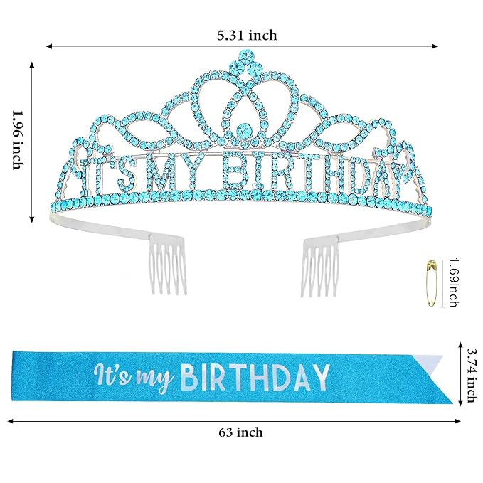 CAVETEE Birthday Crowns for Women - Its My Birthday Sash and Crown Set for Adult Women - Party Decorations and Gifts (Blue)
