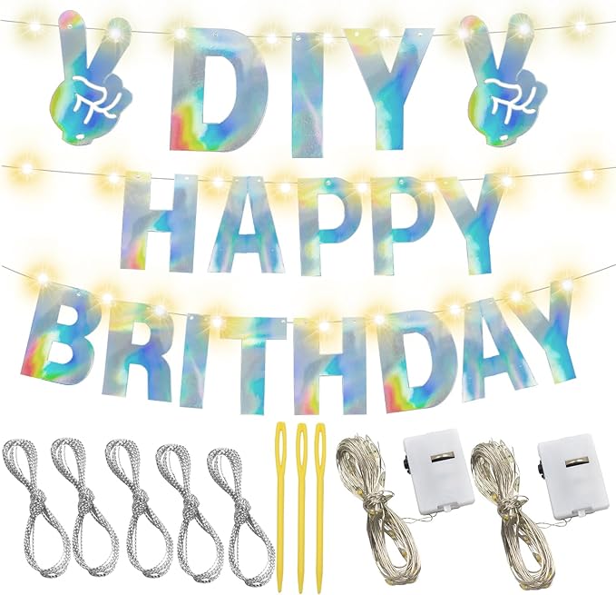 175Pcs Glitter Customizable Banner Kit DIY Custom Letter Banners DIY Happy Birthday Letters 0-9 Numbers Kids Baby Shower Personalized Banner Wedding Birthday Party Decoration Supplies(Shiny Holografic)