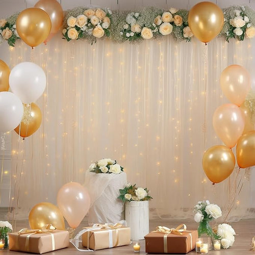 10ft x 10ft Champagne Backdrop Curtain with Lights String for Parties, Sheer Wedding Photo Backdrops Drapes for Baby Shower Birthday Party Decorations Background for Photography