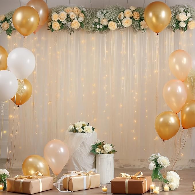 20x10ft Champagne Tulle Backdrop Curtain with Lights String for Parites, Sheer Backdrop Curtains for Wedding Baby Shower Birthday Party Photo Shoot Decorations